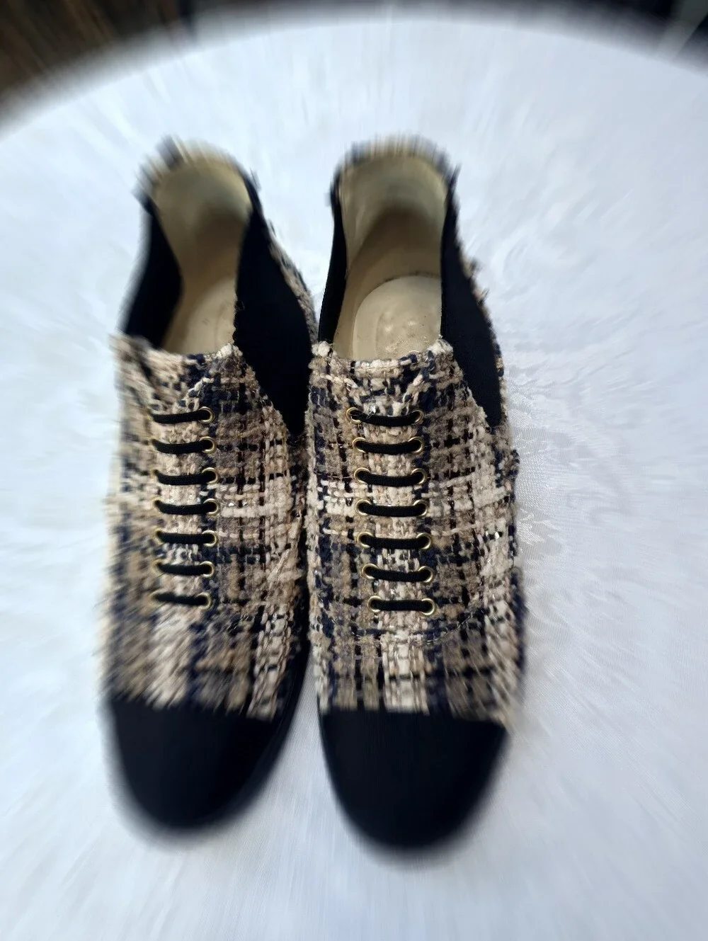 CHANEL Tweed Chelsea Ankle Leather Booties in Beige and Black Size 40 Made ITALY